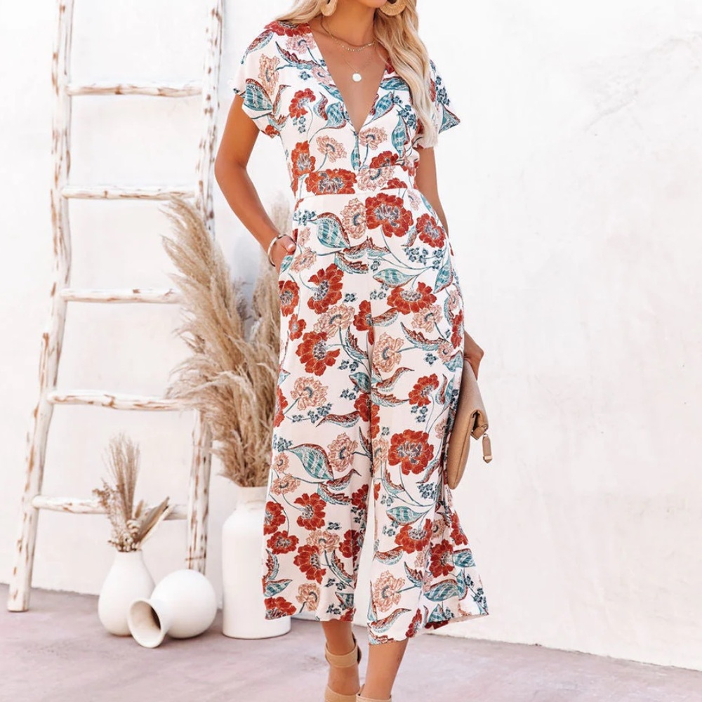 Vici Floral Jumpsuit in Red and Teal